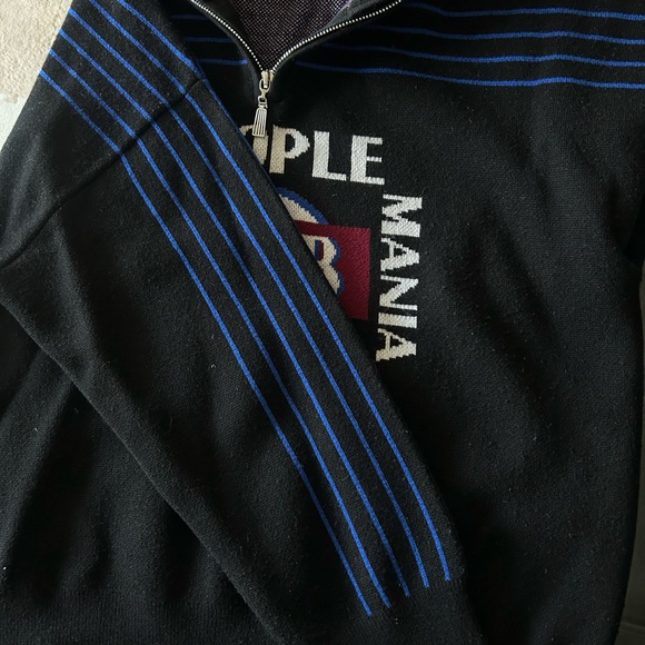 Sandro Black Zip-Neck Wool Knit Sweater with Blue Stripe Accent - Picture 3 of 5